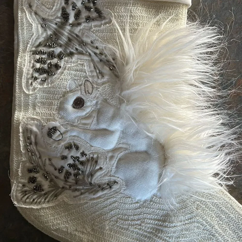 Pottery barn Woodland White Squirrel Christmas Stocking Sequins Faux Fur